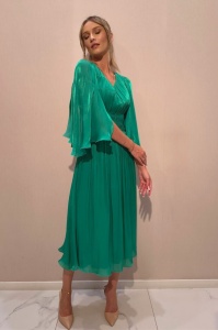 Rochie 'Elara' verde smarald din voal satinat cu mâneci ample - Img 4