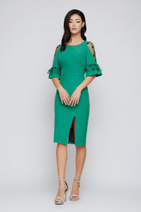 Rochie 'Ivy' verde conică cu șliț și inserții din tulle - Img 3