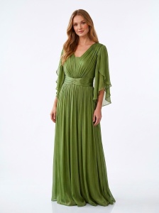 Rochie lungă verde olive din voal satinat - Img 3