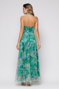 Rochie 'Marissa' lungă verde din satin și tulle imprimat - Img 4