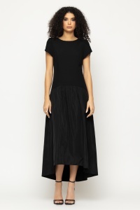 Rochie 'Melina' midi neagră cu fustă asimetrică