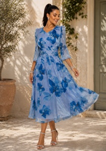Rochie midi bleu cu imprimeu floral albastru și talie drapată - Img 5