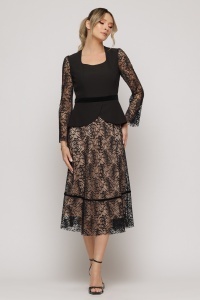 Rochie midi elegantă cu dantelă florală și aplicație peplum - Img 3