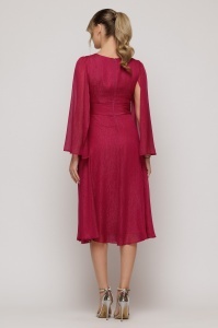 Rochie midi raspberry cu mâneci ample și cataramă cu cristale - Img 4