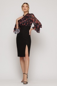Rochie neagră cu imprimeu floral și guler tip fundă - Img 3