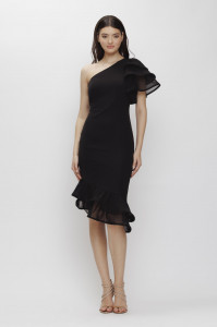 Rochie 'Rosalia' neagră asimetrică cu rijelină - Img 2