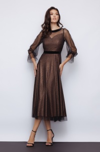 Rochie 'Selene' bronz închis si tulle sidefat - Img 5