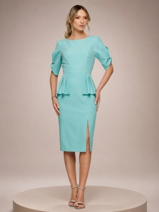 Rochie 'Sia' bleu pastel cu peplum și mâneci cu decupaj