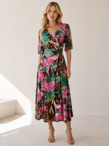 Rochie 'Sole' midi din vâscoză cu imprimeu tropical floral