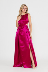 Rochie 'Vivienne' fucsia maxi satinata cu decupaje - Img 1