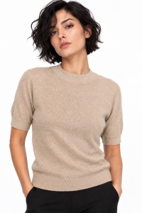 Tricou bej deschis din tricot cu ștrasuri fine
