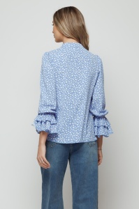 Bluză 'Celeste' print bleu cu fundă și volane - Img 5