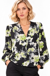 Bluză cu imprimeu floral verde lime și decolteu în V