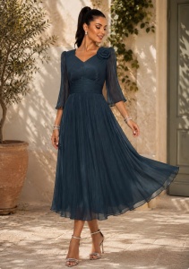 Rochie 'Ava' turquoise închis din voal sidefat cu floare decorativă - Img 3