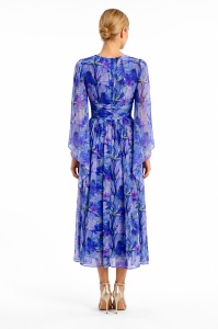 Rochie 'Celeste' din mătase naturală cu imprimeu floral albastru și mâneci fluture - Img 4