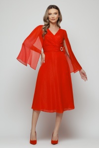 Rochie 'Claudine' midi roșie cu mâneci ample - Img 1