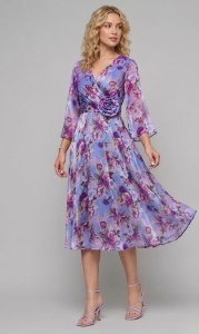 Rochie 'Elizabeth' lila cu imprimeu floral și detaliu floral în talie - Img 2
