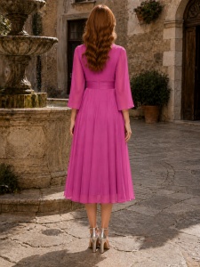 Rochie 'Elizabeth' roz fucsia cu efect satinat și detaliu floral în talie - Img 3