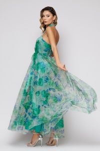 Rochie 'Marissa' lungă verde din satin și tulle imprimat - Img 5