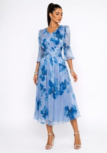 Rochie midi bleu cu imprimeu floral albastru și talie drapată - Img 2