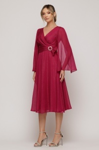 Rochie midi raspberry cu mâneci ample și cataramă cu cristale - Img 3