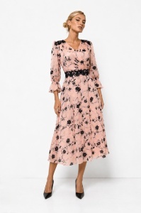 Rochie midi roz cu imprimeu floral și inserții din dantelă neagră - Img 2