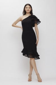 Rochie 'Rosalia' neagră asimetrică cu rijelină - Img 1