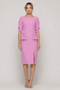 Rochie 'Sia' roz pastel cu peplum și mâneci cu decupaj - Img 4