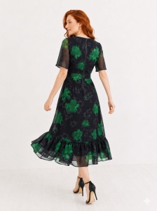 Rochie 'Sonia' din voal cu imprimeu floral verde și volan - Img 3