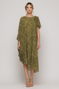 Rochie verde olive asimetrică cu volănaș pe umăr - Img 3