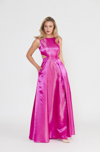 Rochie 'Vivienne' fucsia roz satinata cu decupaje - Img 2