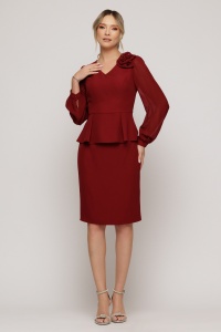 Compleu elegant bordeaux cu bluză cu peplum și fustă conica
