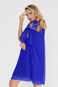 Rochie albastru royal din mătase naturală cu inserție din dantelă cu paiete - Img 2