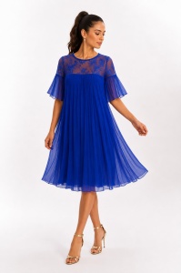 Rochie albastru royal din mătase naturală cu inserție din dantelă