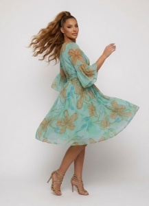 Rochie 'Arielle' turquoise din voal mătăsos cu imprimeu floral - Img 3