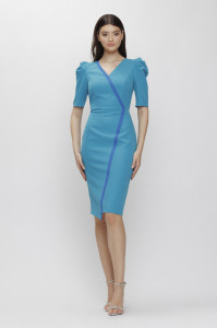 Rochie 'Brenda' turquoise asimetrică cu umeri proeminenți - Img 1