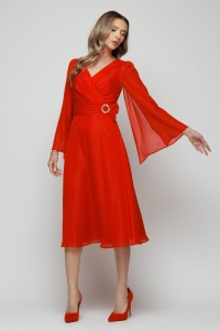 Rochie 'Claudine' midi roșie cu mâneci ample - Img 3