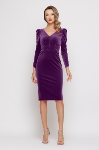 Rochie 'Elisa' mov prună din catifea cu umeri proeminenți