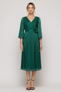 Rochie ''Elizabeth'' verde cu efect satinat și detaliu floral în talie - Img 3