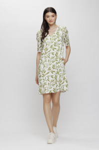 Rochie 'Guenda' din in cu print cu frunze - Img 1