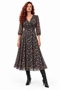 Rochie midi din voal imprimat floral și dublură din vâscoză