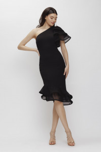Rochie 'Rosalia' neagră asimetrică cu rijelină - Img 3