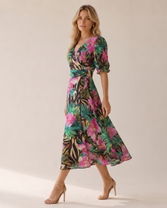 Rochie 'Sole' midi din vâscoză cu imprimeu tropical floral - Img 2