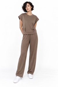 Top mocha deschis din tricot cu mâneci scurte ample - Img 2
