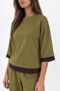 Bluză casual verde olive cu detalii maro contrastante