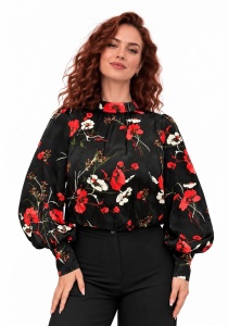 Bluză neagră din vâscoză cu imprimeu floral roșu și elastic în talie