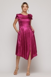 Rochie 'Anastasia' fucsia cu peliculă și accesoriu floare - Img 2