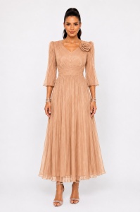 Rochie 'Ava' din voal sidefat auriu cu floare decorativă - Img 2