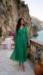 Rochie 'Aveline' verde lungă din mătase naturală cu microcristale în talie - Img 2