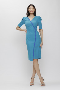 Rochie 'Brenda' turquoise asimetrică cu umeri proeminenți - Img 2
